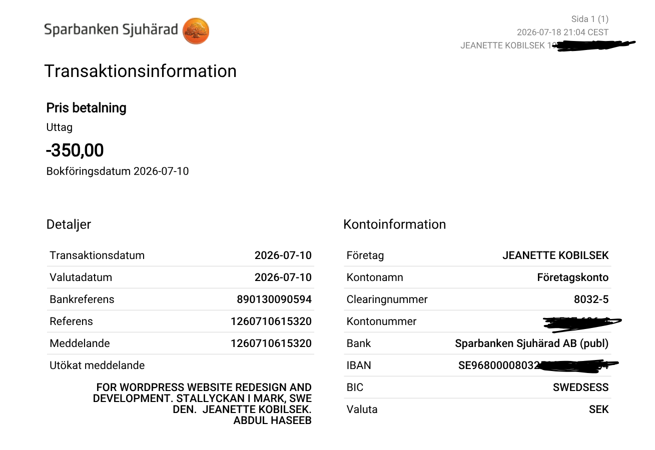 Sparbanken Sjuharad bank receipt for the transfer fee of 350 SEK for the Stallyckan i Mark website payment