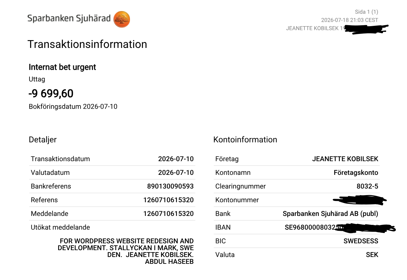 Sparbanken Sjuharad bank receipt for the international payment of 9699 SEK from Stallyckan i Mark to Abdul Haseeb for WordPress website redesign and development